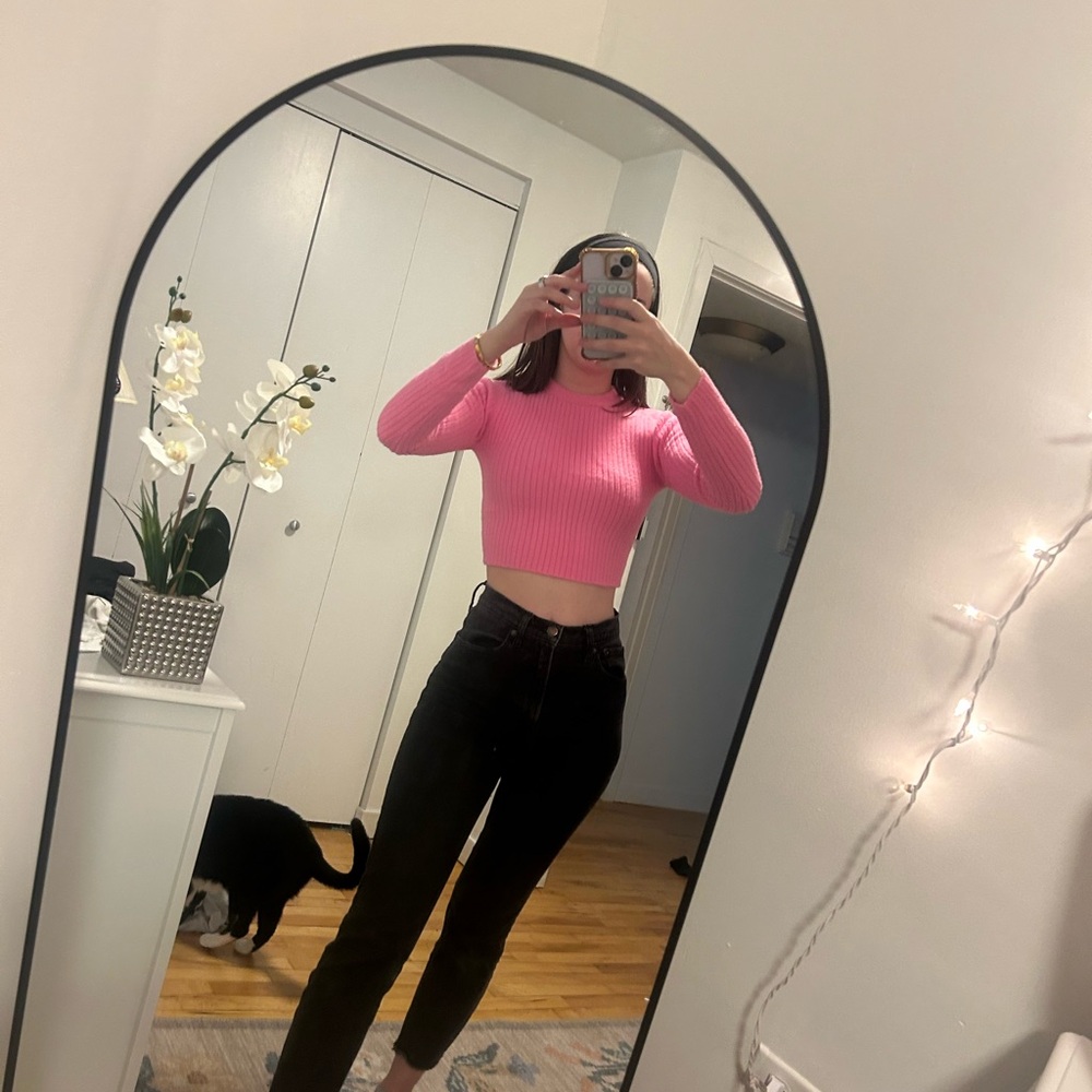 Bershka Pink Ribbed Crop Top Sweater